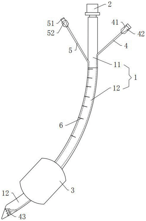 呼吸机配合使用的插管主体,所述插管主体包括一体连接的上部软管和